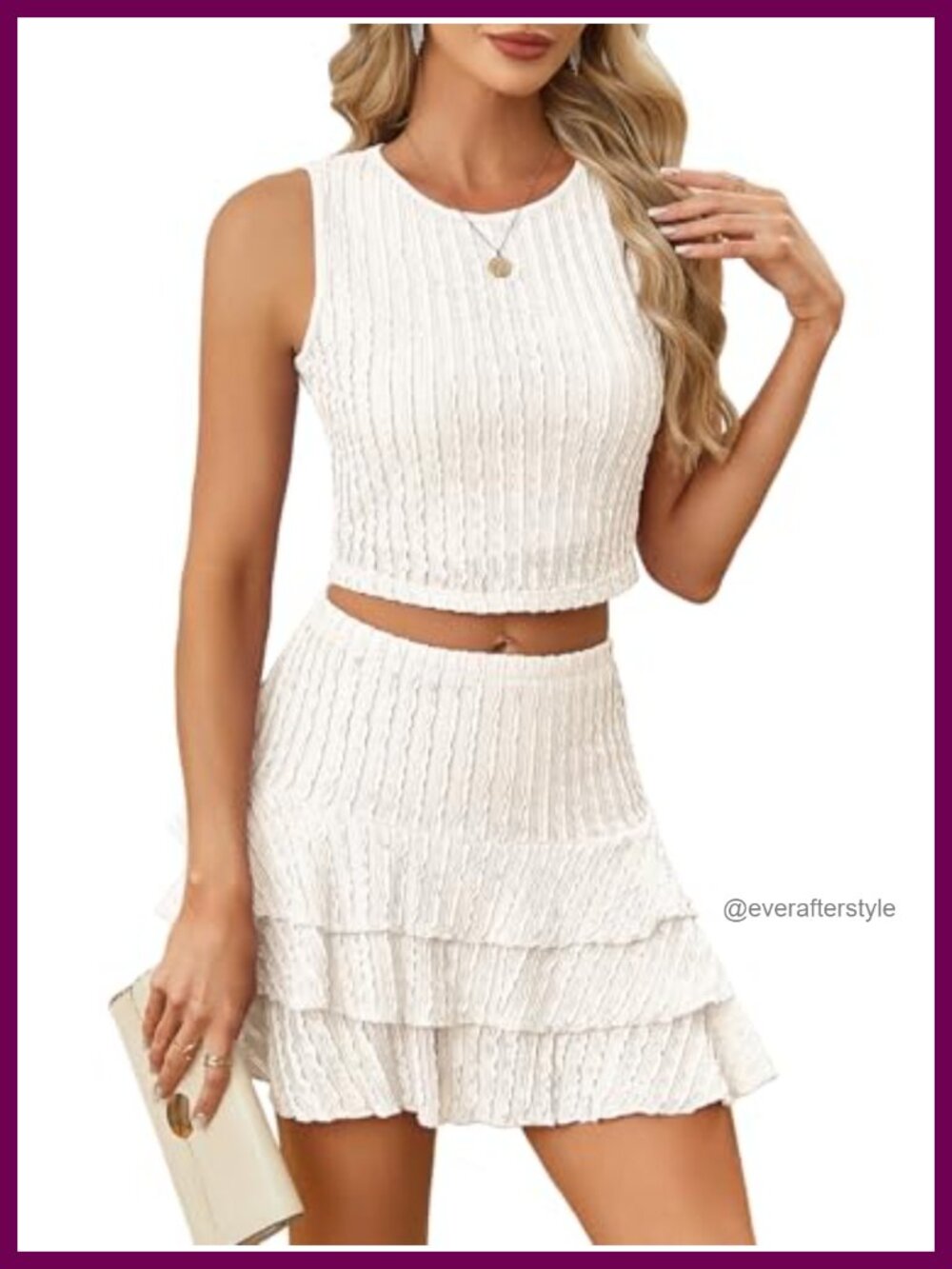 Eyelet Two Piece Skirt Set Boat Neck Cami Top Ruffle Hem Mini Skirt